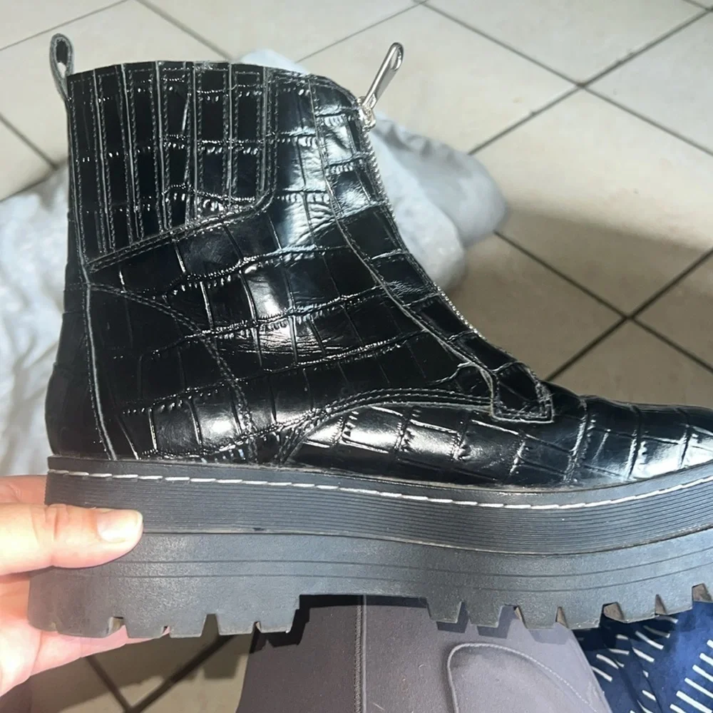 Marc Fisher Glossy Black Croc-Embossed Boots